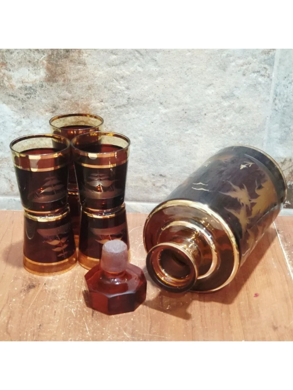 Vintage Bohemian Czech Amber Glass Decanter Etched Deer Stag Motif 24K Gold Trim